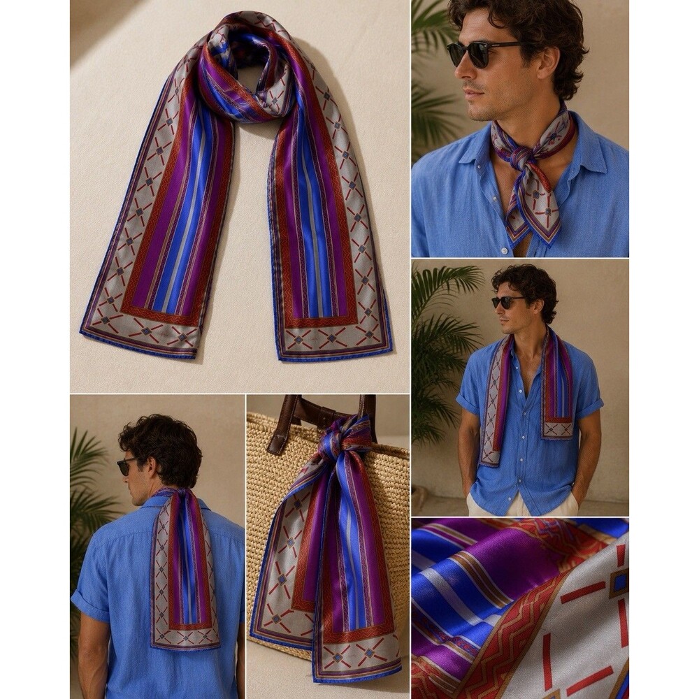 Vtg Cheryl Tiep Silk Oblong Scarf Geometric Stripe Purple Blue Red Retro 46x10